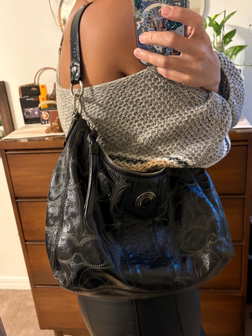 Coach black signature stitch patent leather hobo handbag